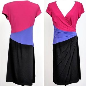 London Style Colorblock Dress V-neck Ruffled Wrap Style Black Purple Pink size 6